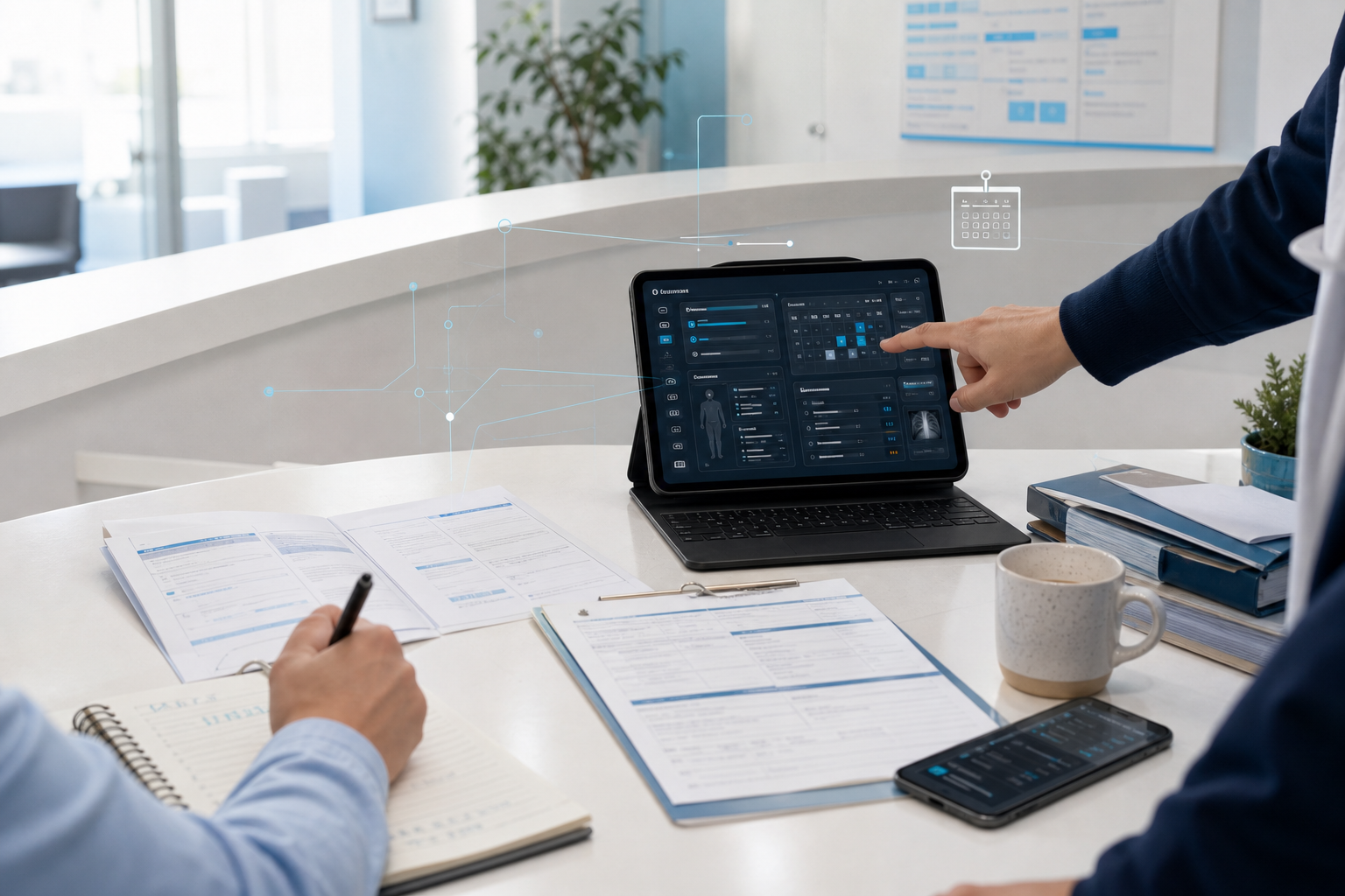 Mesa de trabalho numa clínica com tablet, documentos, notas e duas pessoas a rever operações clínicas.