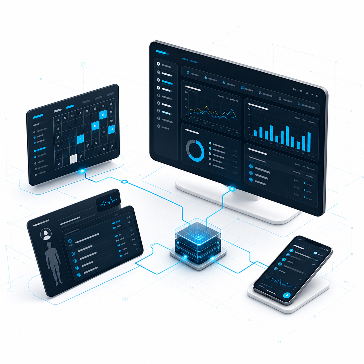 Ilustração isométrica de software clínico com painéis de agenda, operação e dados.