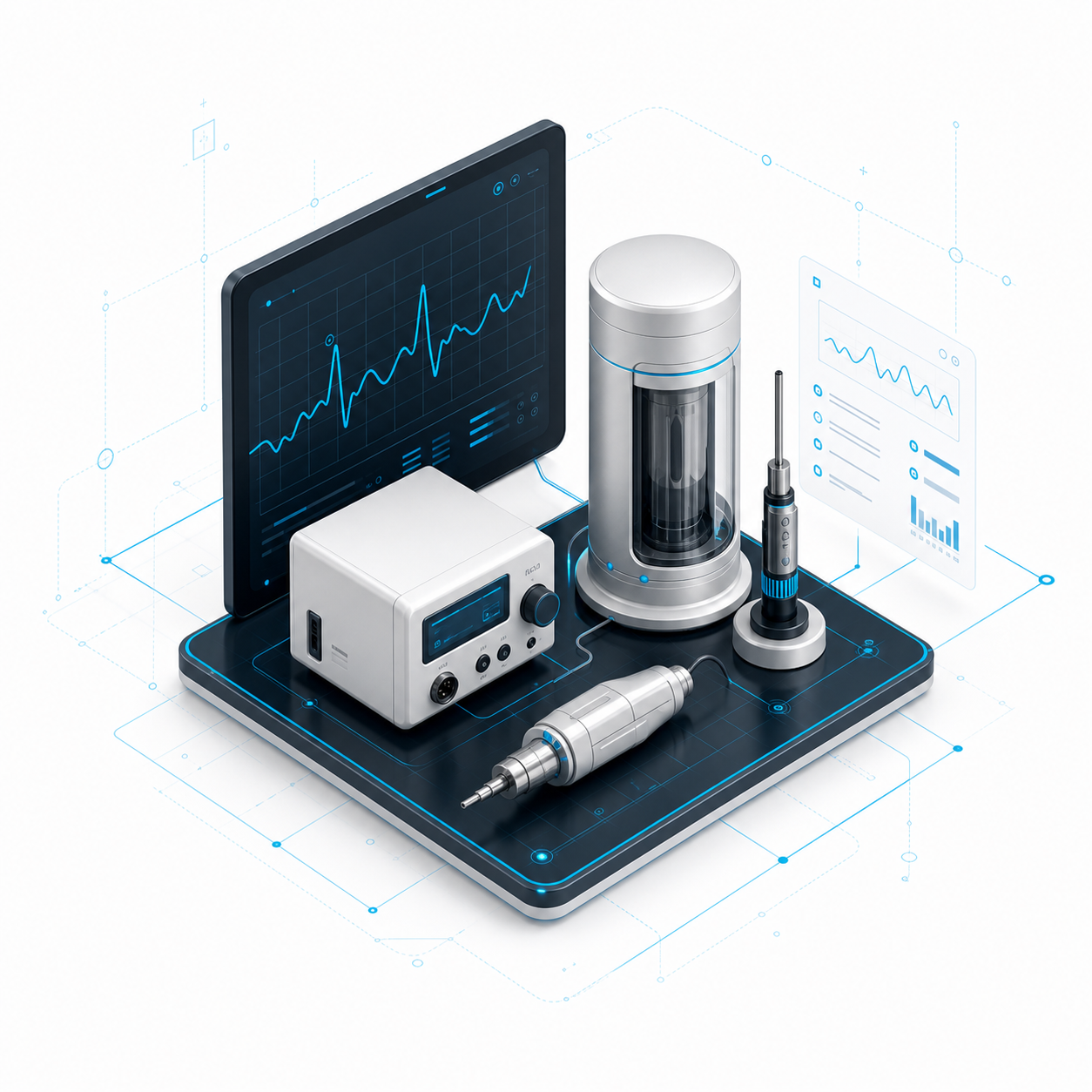 Ilustração isométrica de equipamento médico, medições técnicas e física médica.