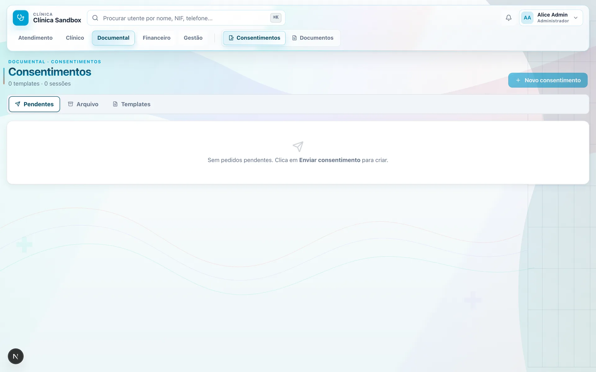 Painel de consentimentos com templates editáveis, pedidos pendentes e arquivo
