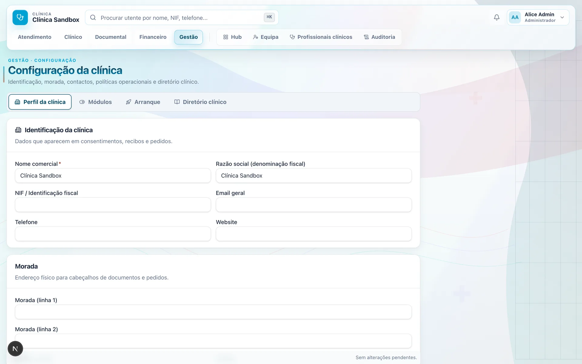Painel de configuração e gestão multi-clínica